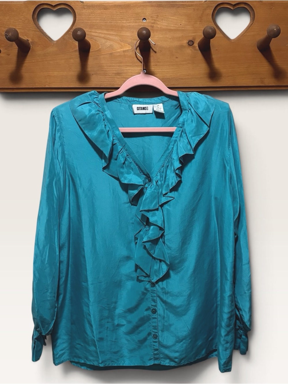 VINTAGE 100% Silk Gitano Teal Ruffle Blouse Women’s L